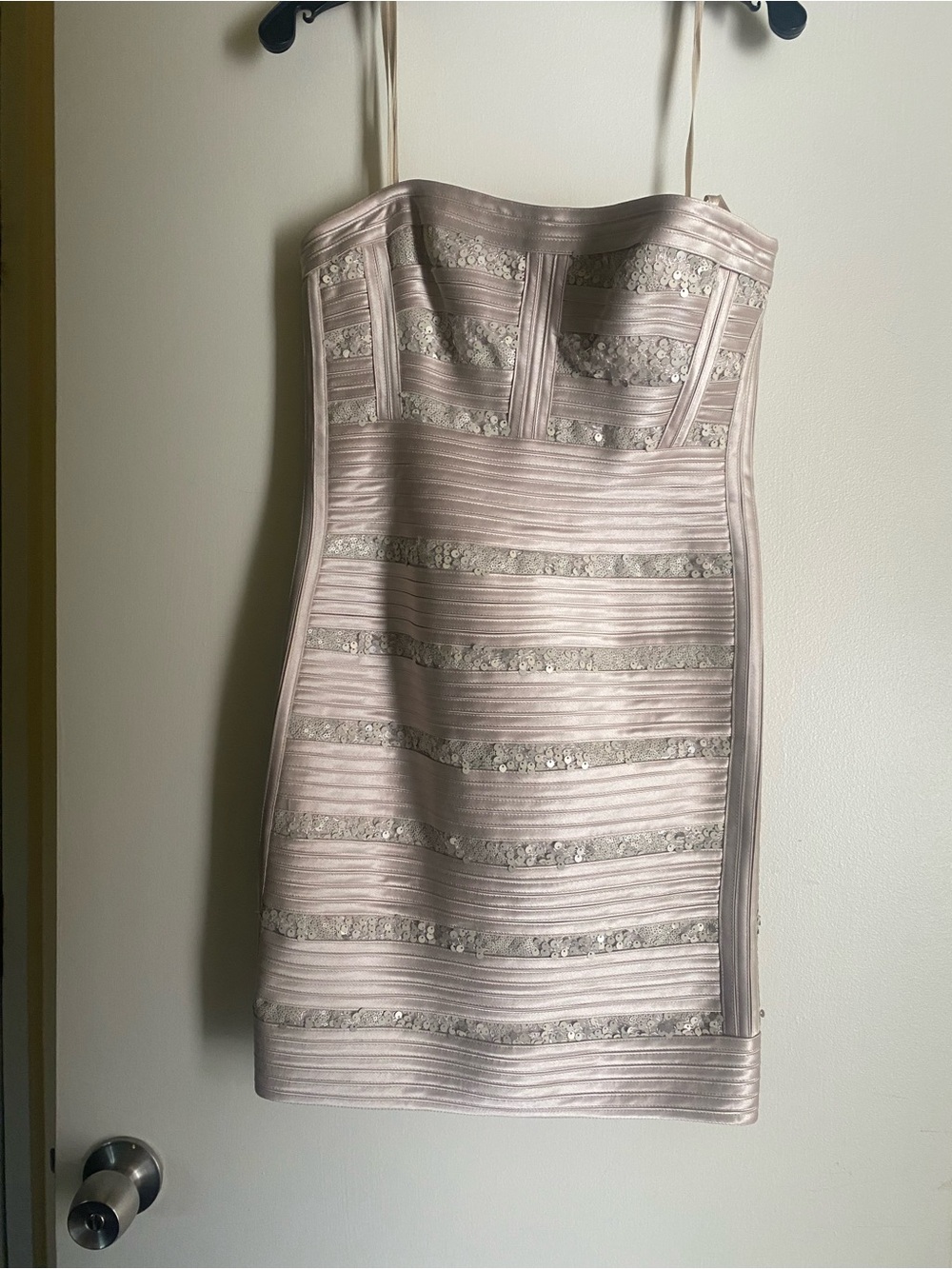 BCBGMaxAzria Strapless Light Blush Pink Bandage Dress with Lace Insets